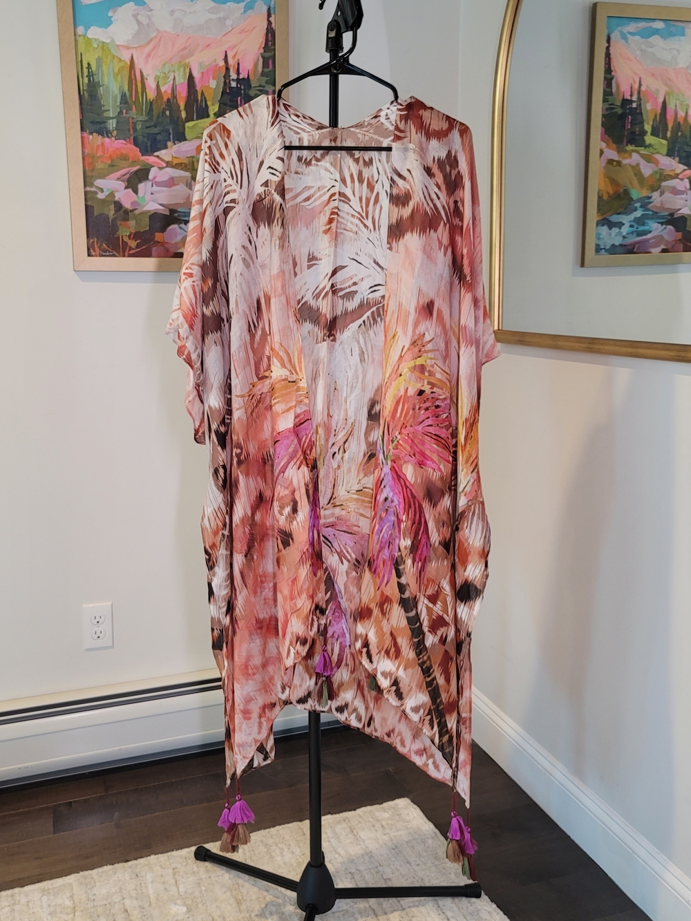 Multicolor Sheer Feather-Print Kimono Tunic with Tassels Size OS
